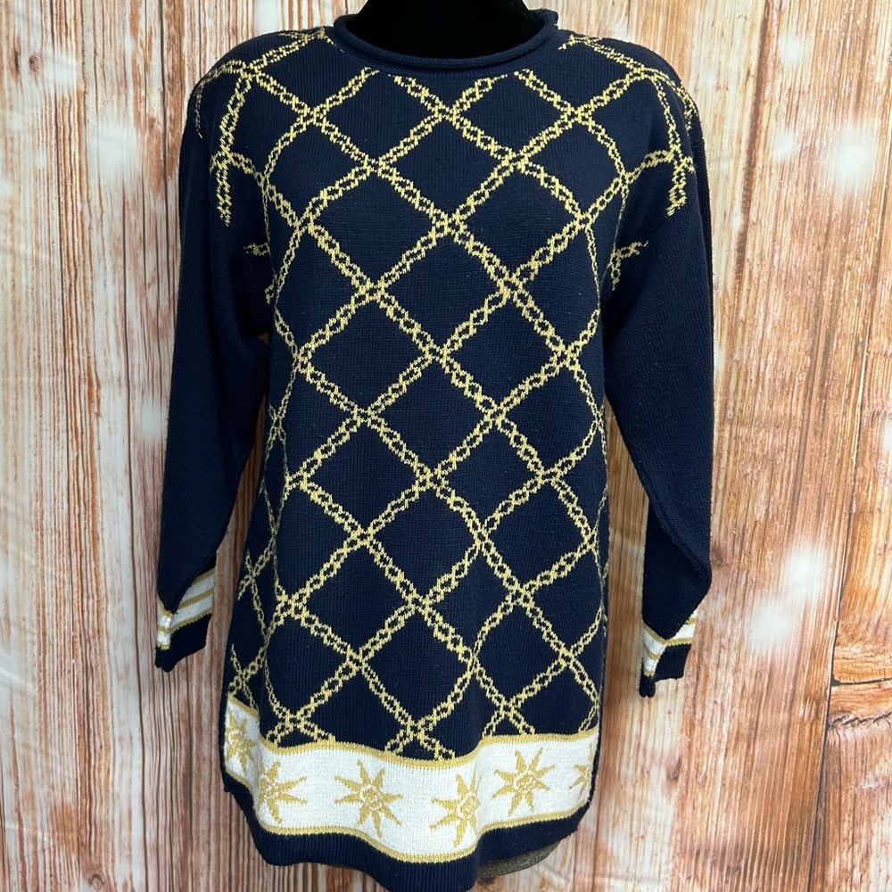 Norton McNaughton Vintage Navy Blue And Gold Rolled Neck Sweaters